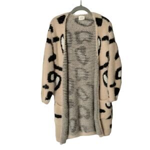 Bibi Sz S Leopard Print Longline Duster Eyelash Cardigan Sweater Tan Open Front